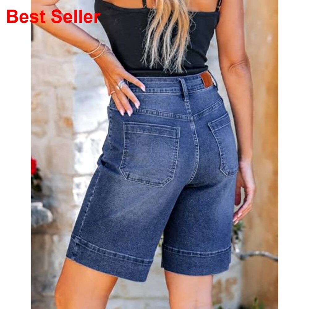 High Waisted Denim Bermuda Shorts with Patch Pockets, Stretchy Fabric - Picture 2 of 7